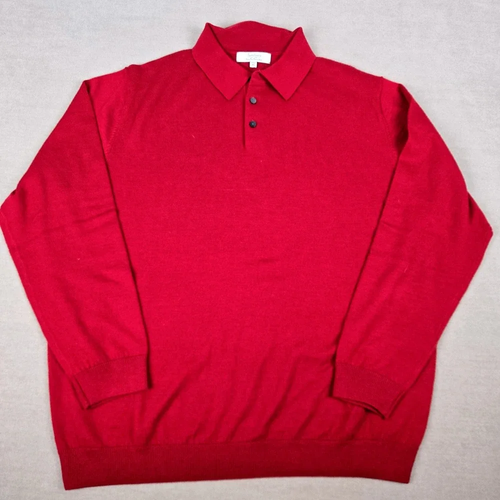 Turnbury Mens XL Red Extra Fine Merino Wool Long Sleeve 1/4 button Polo Sweater